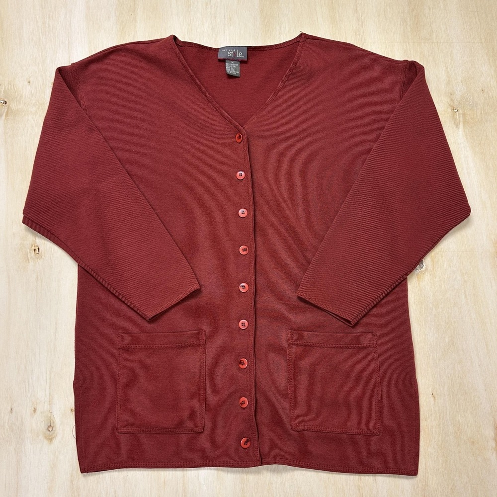 Vintage New York Style Sweater Cardigan Womens M Red V Neck 3/4 Sleeve Button